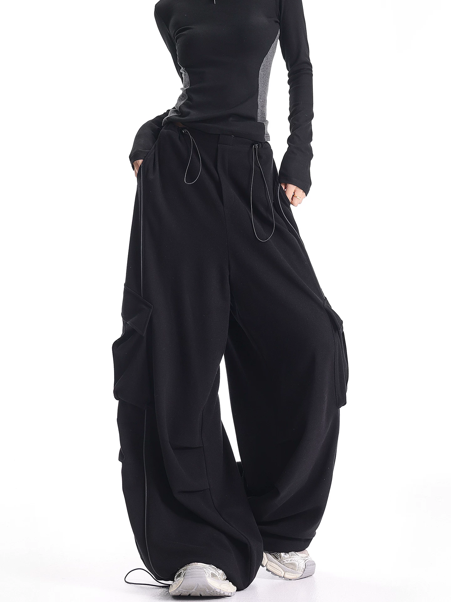 KEN STUDIO mùa thu đông mới quần dài xếp ly phong cách Mỹ quần dài xếp ly kiểu lính dù quần thể thao ống rộng quần ống rộng dành cho nữ