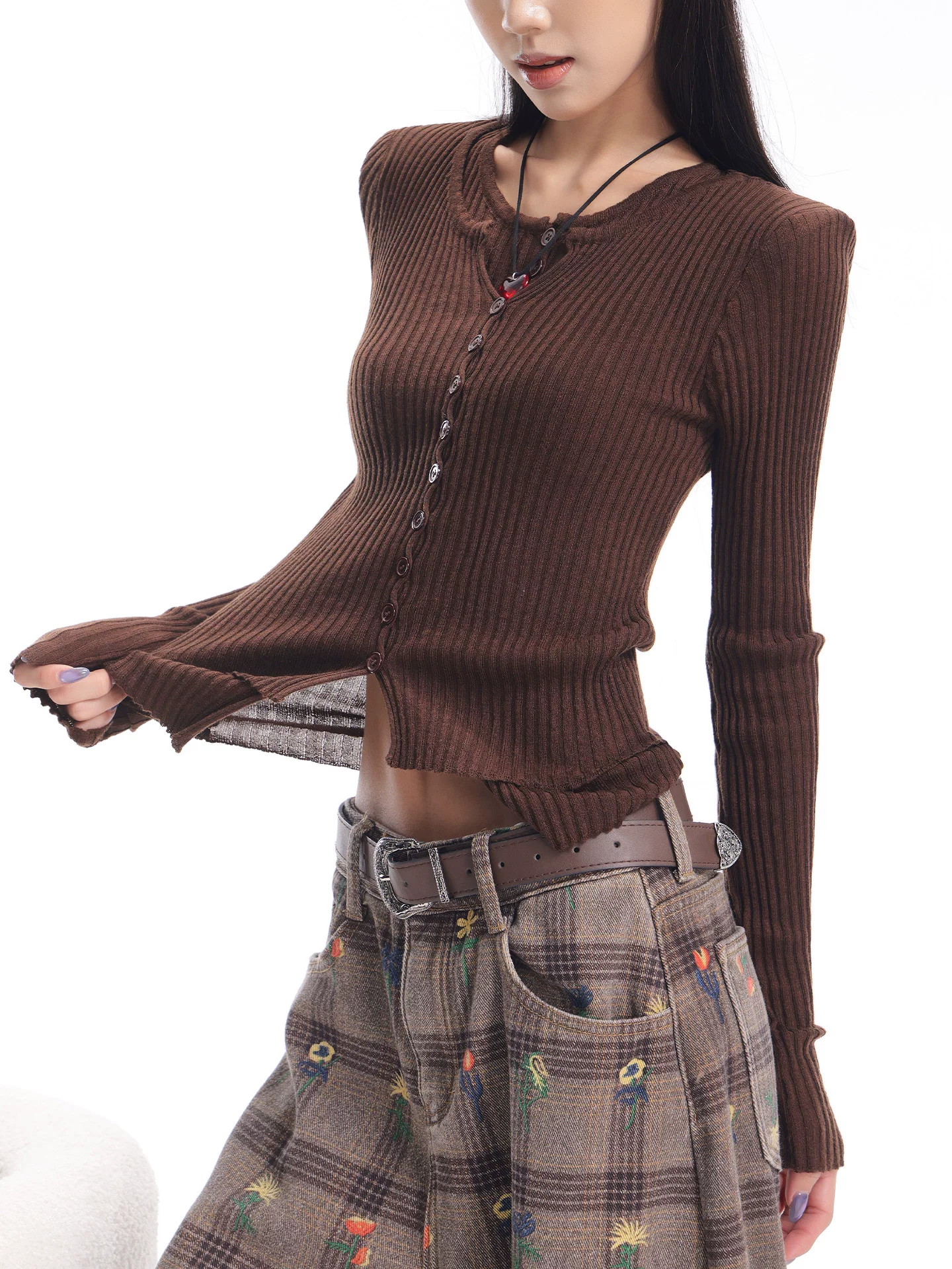 KEN STUDIO Áo dệt kim dài tay màu cà phê thu đông mới dành cho nữ với thiết kế giả hai mảnh áo lót thon gọn