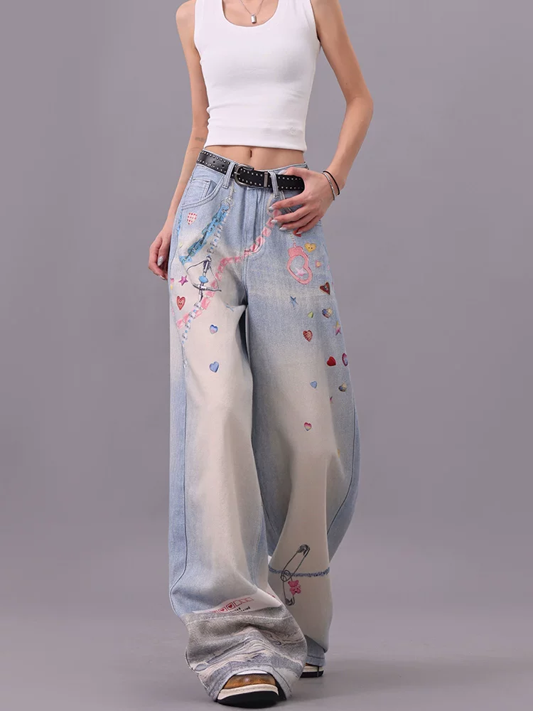 Quần jean ống đứng in họa tiết graffiti đầy màu sắc của KEN STUDIO dành cho nữ, phong cách mùa hè mới, dáng rộng, tôn dáng, quần dài ngang sàn.