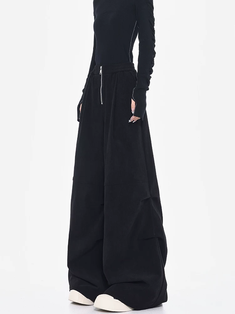 KEN STUDIO Quần ống rộng vải nhung dày màu đen thu đông mới dành cho nữ, quần cạp cao, giảm béo, quần rộng rãi thường ngày