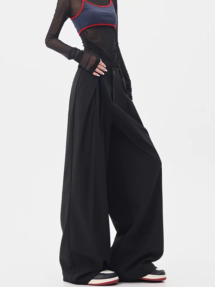 KEN STUDIO mùa hè mới quần âu xếp ly ba chiều màu đen dành cho nữ, quần ống rộng dáng rộng cạp cao thẳng