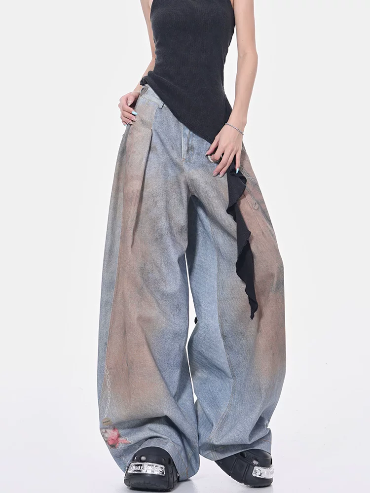 Quần jeans xếp ly nhuộm màu retro kiểu KEN STUDIO, quần ống rộng dáng sickle, quần harem nữ phong cách đường phố