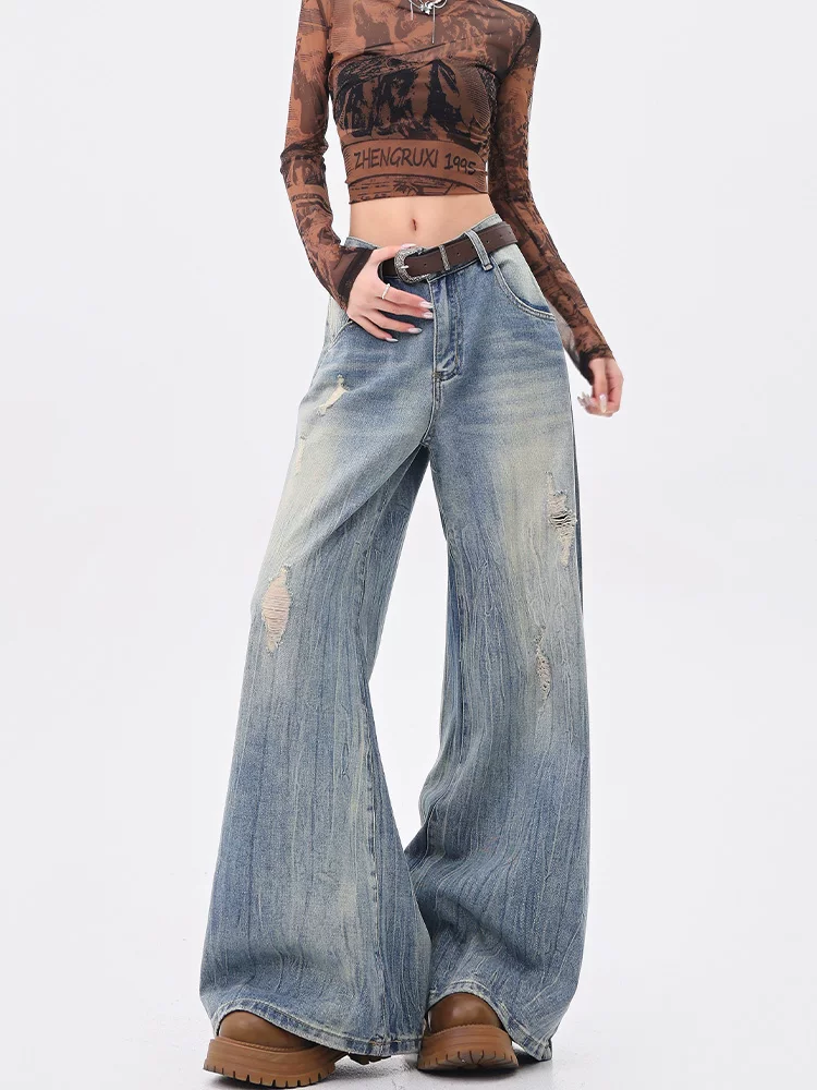 KEN STUDIO đầu mùa thu quần jean ống rộng rách kiểu Mỹ cổ điển mới dành cho nữ, quần ống đứng dáng suông giản dị