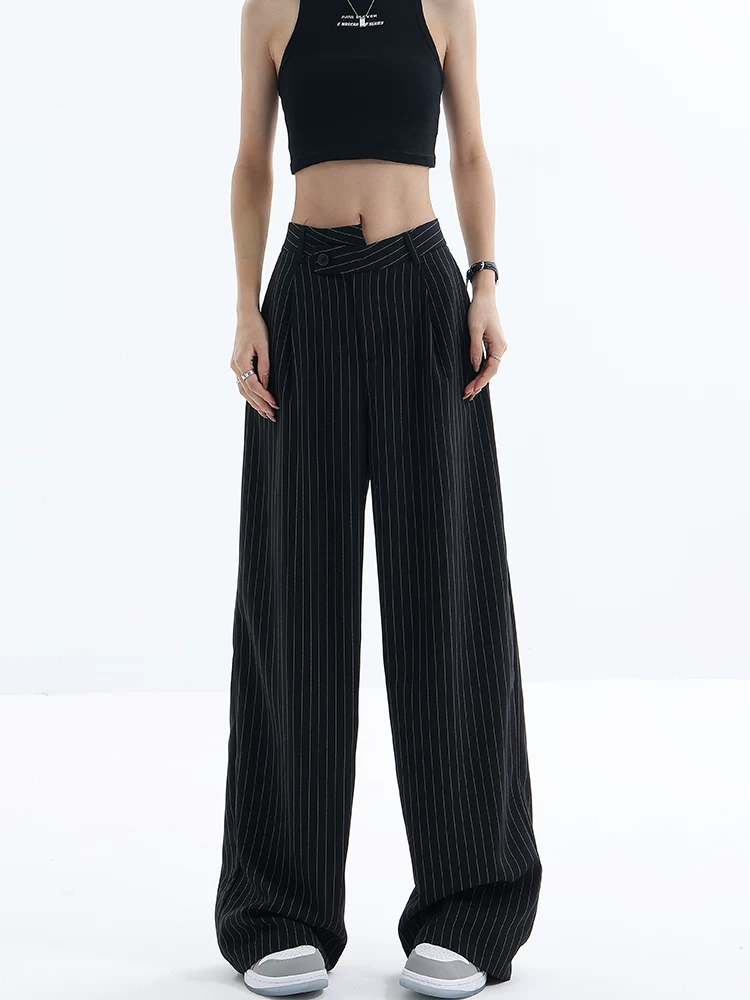 KEN STUDIO Quần dài xếp nếp sọc không đều cho nữ, thiết kế mùa hè mới, quần ống rộng dáng rộng