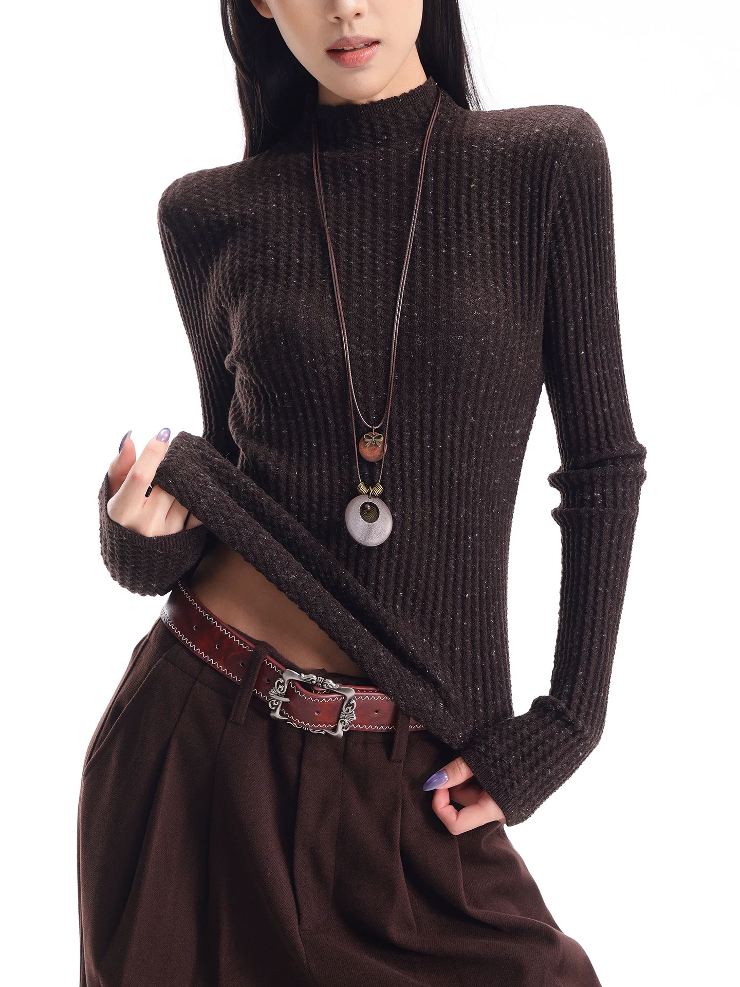 KEN STUDIO Áo len dệt kim dài tay cổ lọ kiểu cổ điển thu đông mới dành cho nữ, dáng ôm, áo nửa cổ lọ