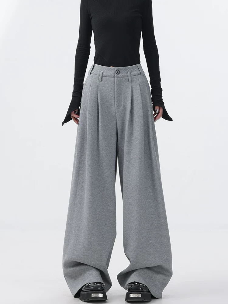 KEN STUDIO thiết kế ban đầu quần âu màu xám mùa thu quần ống rộng nữ quần dài đến sàn quần phù hợp với quần thể thao quần dài