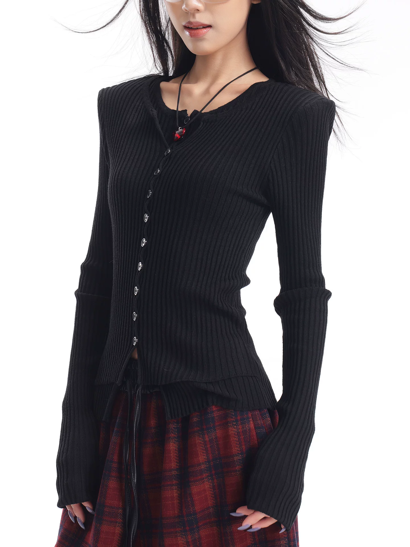 KEN STUDIO Áo dệt kim dài tay màu đen mới thu đông dành cho nữ, áo hai mảnh giả dáng ôm vừa vặn ở vai phải