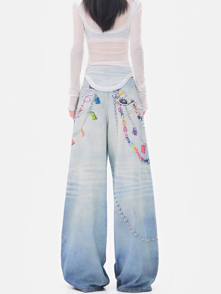 KEN STUDIO Quần jean ống rộng in họa tiết kiểu Mỹ dành cho nữ, quần dài dáng rộng dáng rộng mới mùa hè