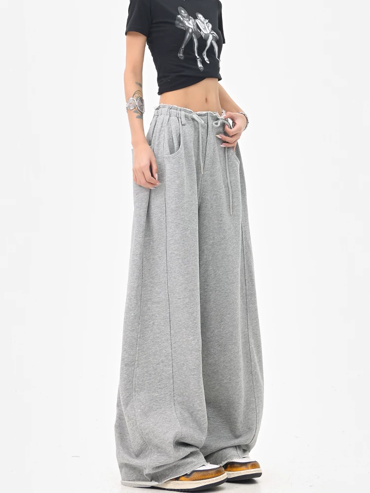 KEN STUDIO Quần thể thao dây rút màu xám phong cách Mỹ Quần dài lưng cao dáng rộng dáng rộng dành cho nữ
