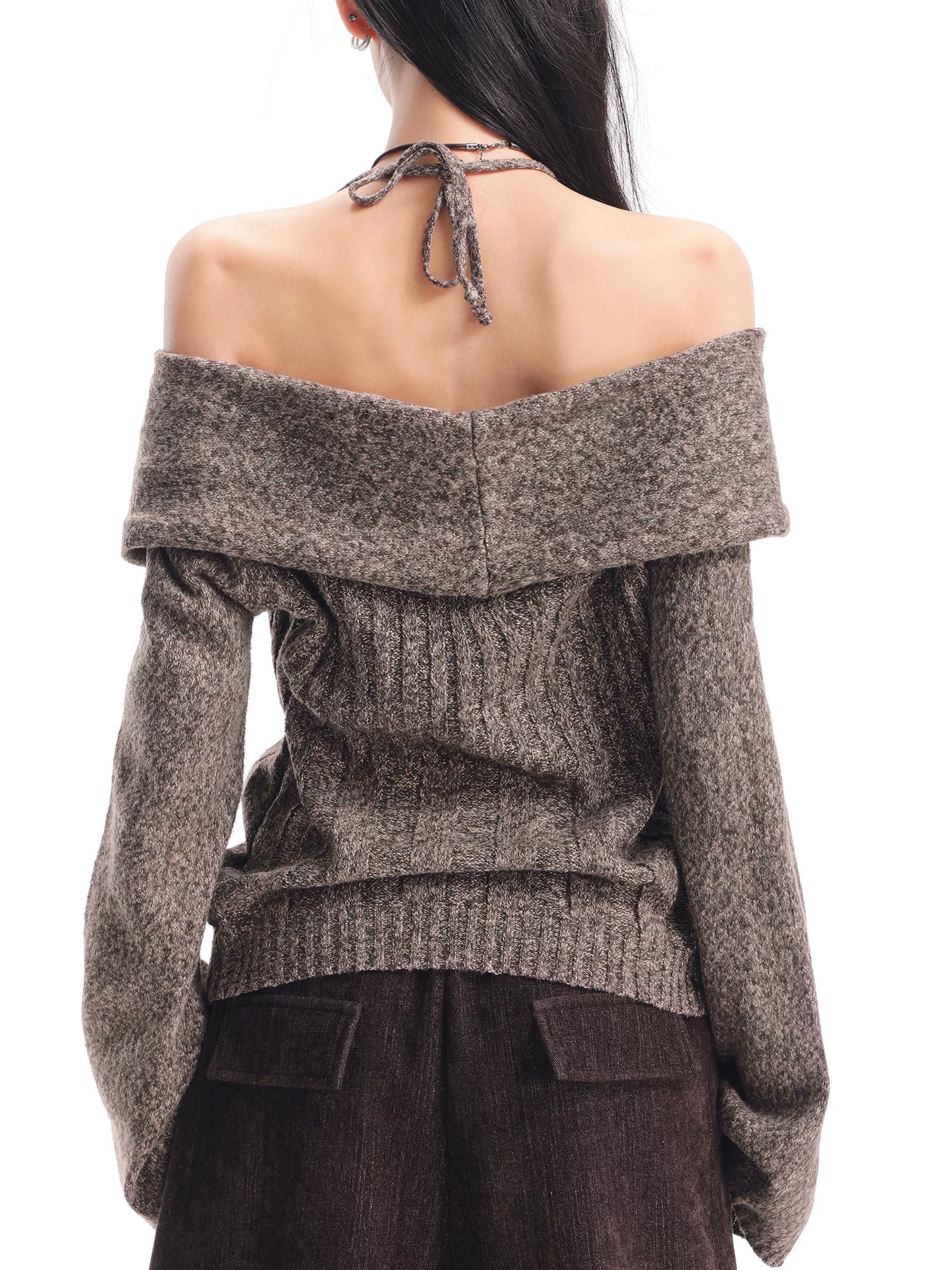 KEN STUDIO Áo len trễ vai màu cà phê thu đông mới dành cho nữ, thiết kế cổ yếm thanh lịch, áo dệt kim dáng rộng và tôn dáng