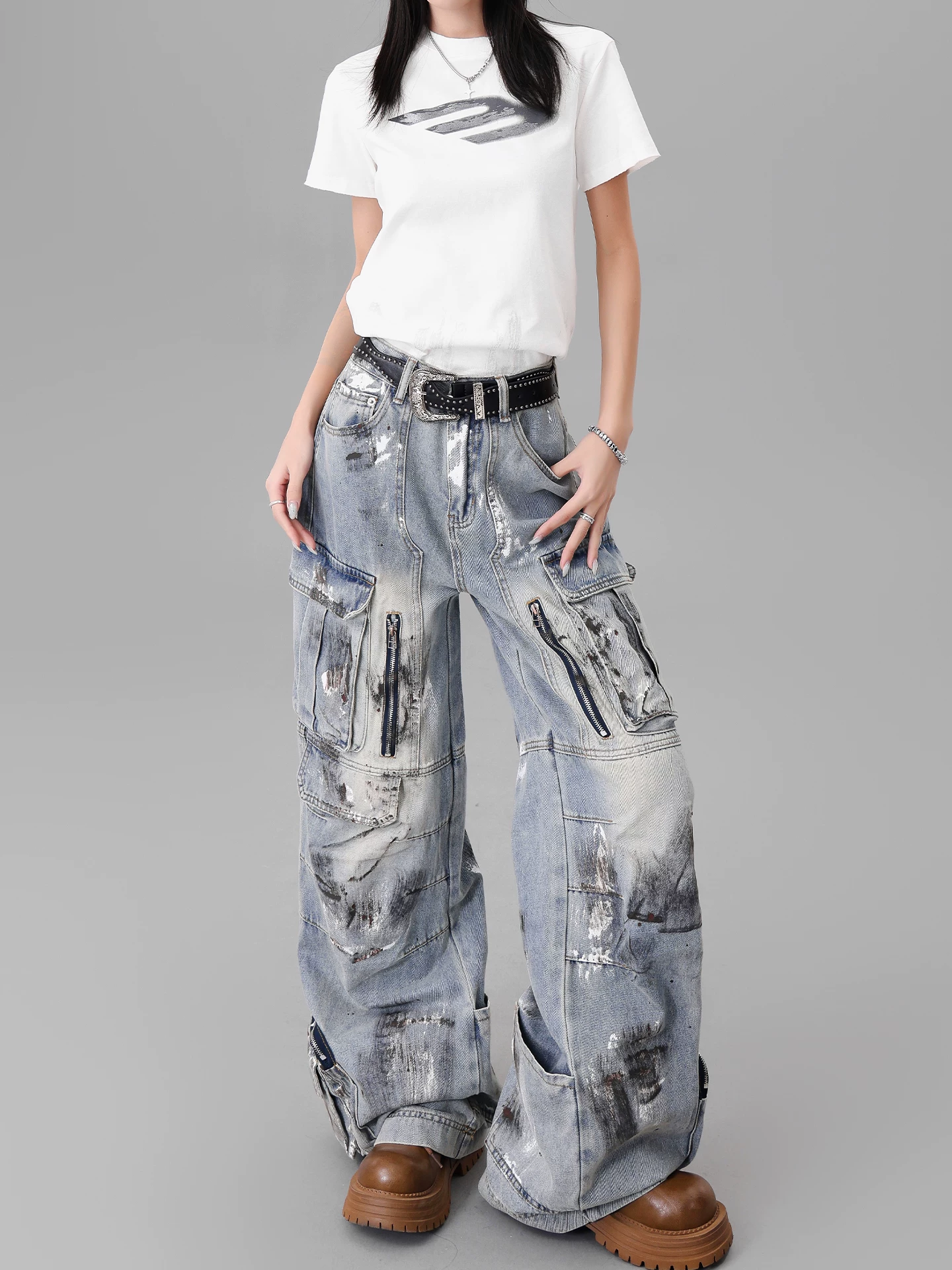 Quần jean công sở thiết kế nhiều túi sơn kiểu cổ điển của KEN STUDIO dành cho nữ, quần ống rộng lưng cao mùa hè