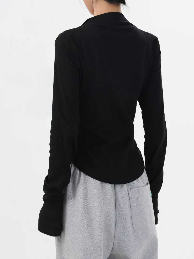 KEN STUDIO áo thun ngắn tay dài màu đen mới mùa xuân thu dành cho nữ với thiết kế giả hai mảnh, áo sơ mi cơ bản giúp giảm béo