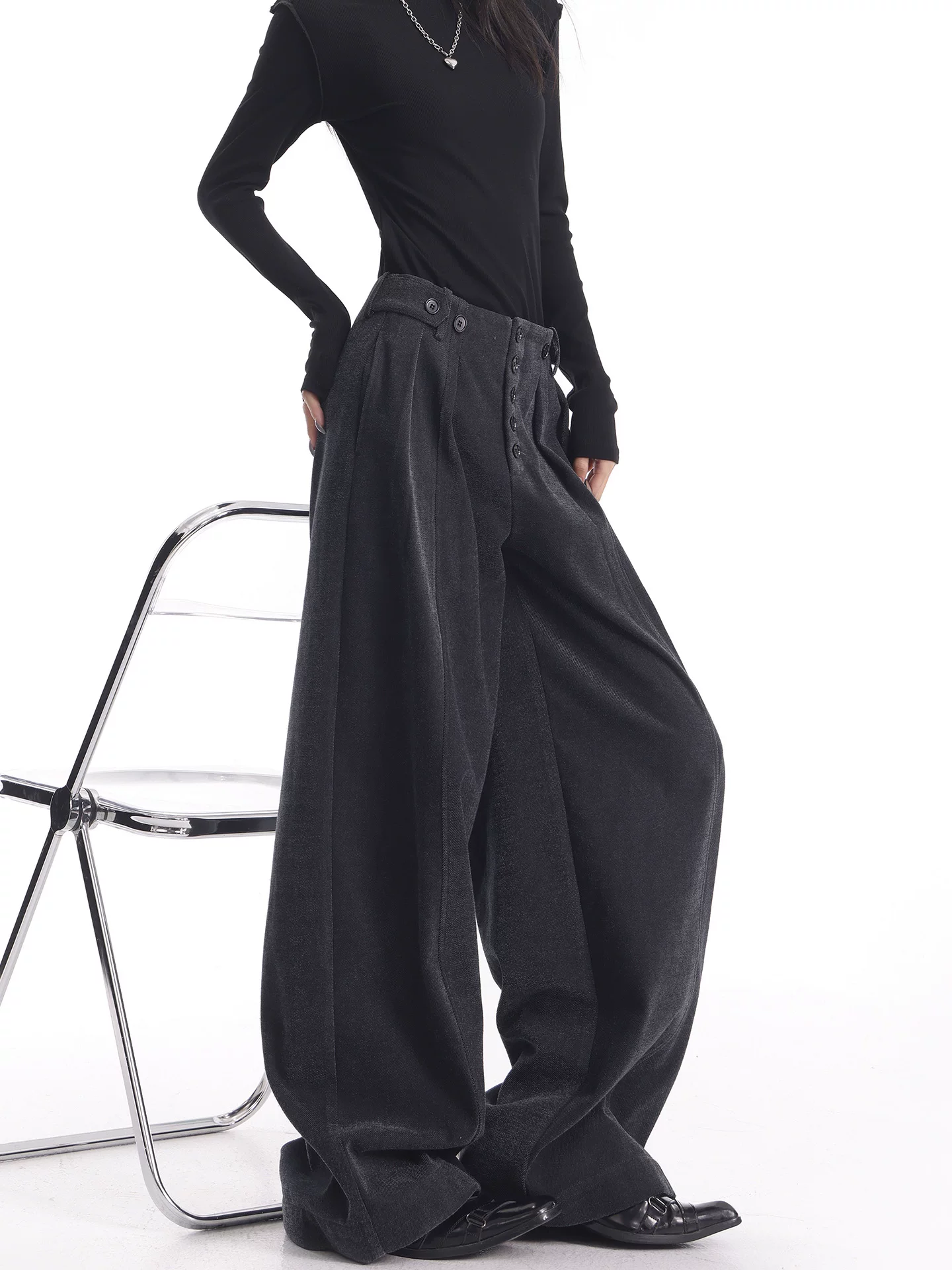 KEN STUDIO Quần thường ngày dày dặn có lót lông cừu màu xám hoa mùa thu đông mới dành cho nữ với thiết kế nhiều khuy quần ống rộng