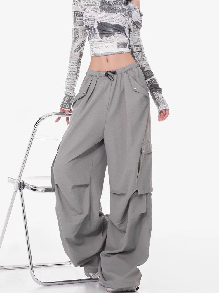 Quần cargo ống rộng màu xám KEN STUDIO dành cho nữ, quần ống đứng mỏng mùa hè, quần thể thao nhanh khô, quần lính dù