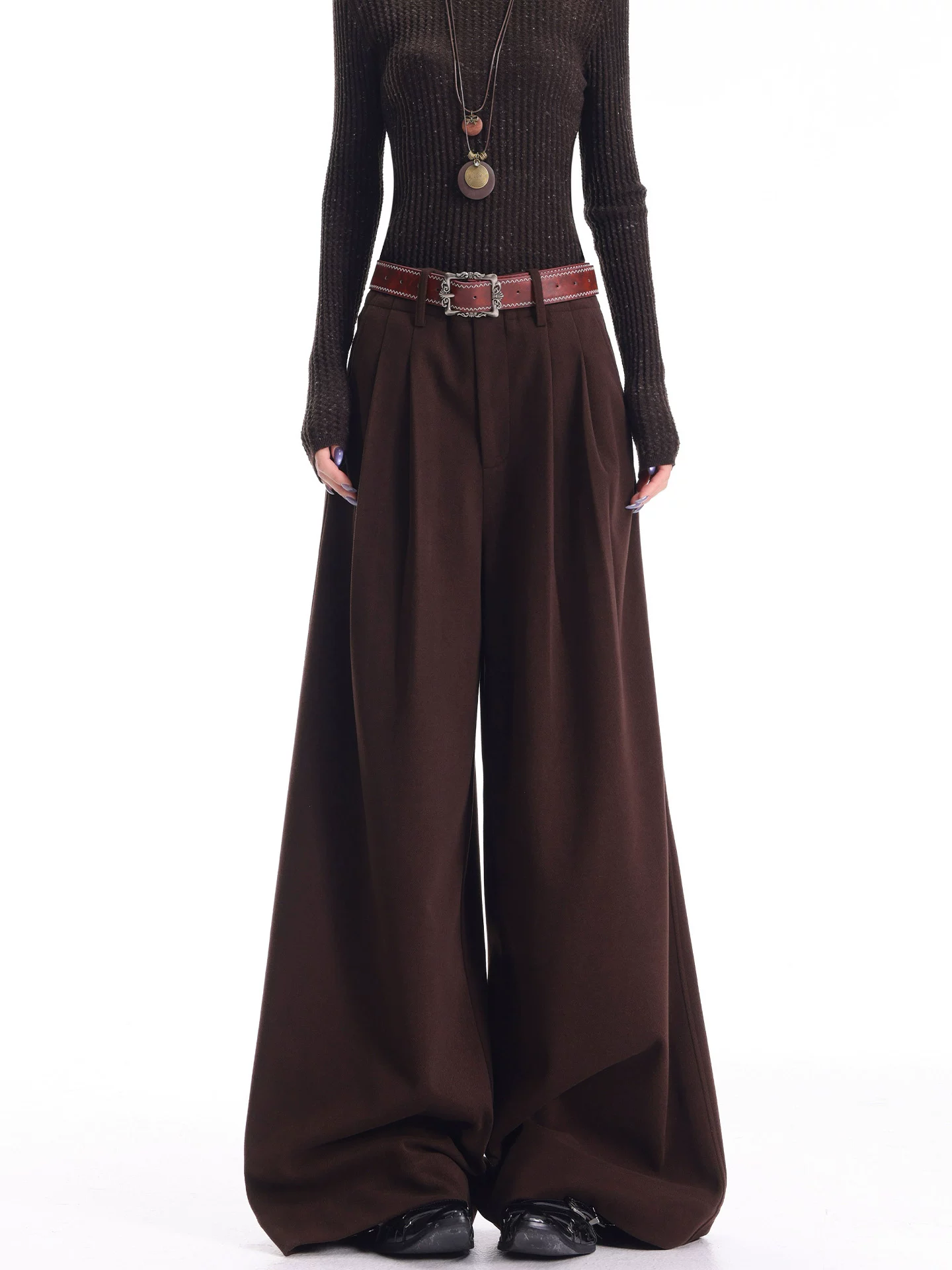 KEN STUDIO Quần tây xếp ly len dày màu cà phê mới thu đông dành cho nữ, quần ống rộng dáng rộng lưng cao