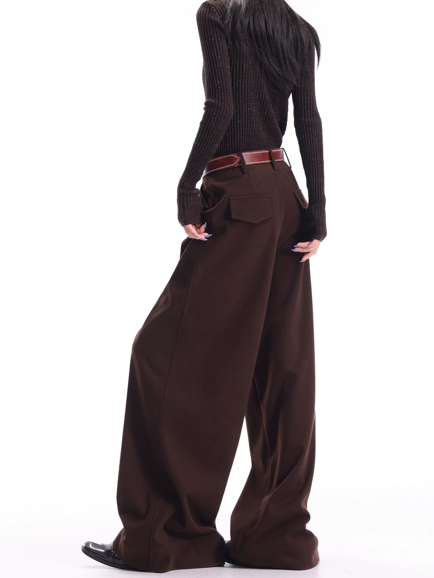 KEN STUDIO Quần tây xếp ly len dày màu cà phê mới thu đông dành cho nữ, quần ống rộng dáng rộng lưng cao