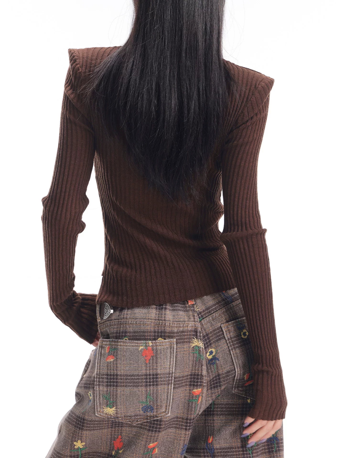 KEN STUDIO Áo dệt kim dài tay màu cà phê thu đông mới dành cho nữ với thiết kế giả hai mảnh áo lót thon gọn