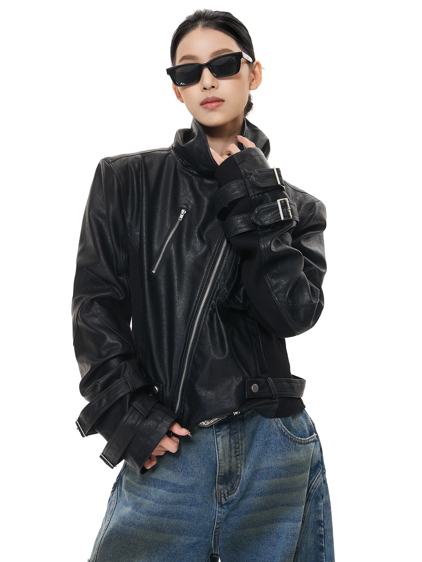 Áo khoác da biker phối màu đen mùa thu mới của KEN STUDIO dành cho nữ, áo khoác ngắn ôm dáng