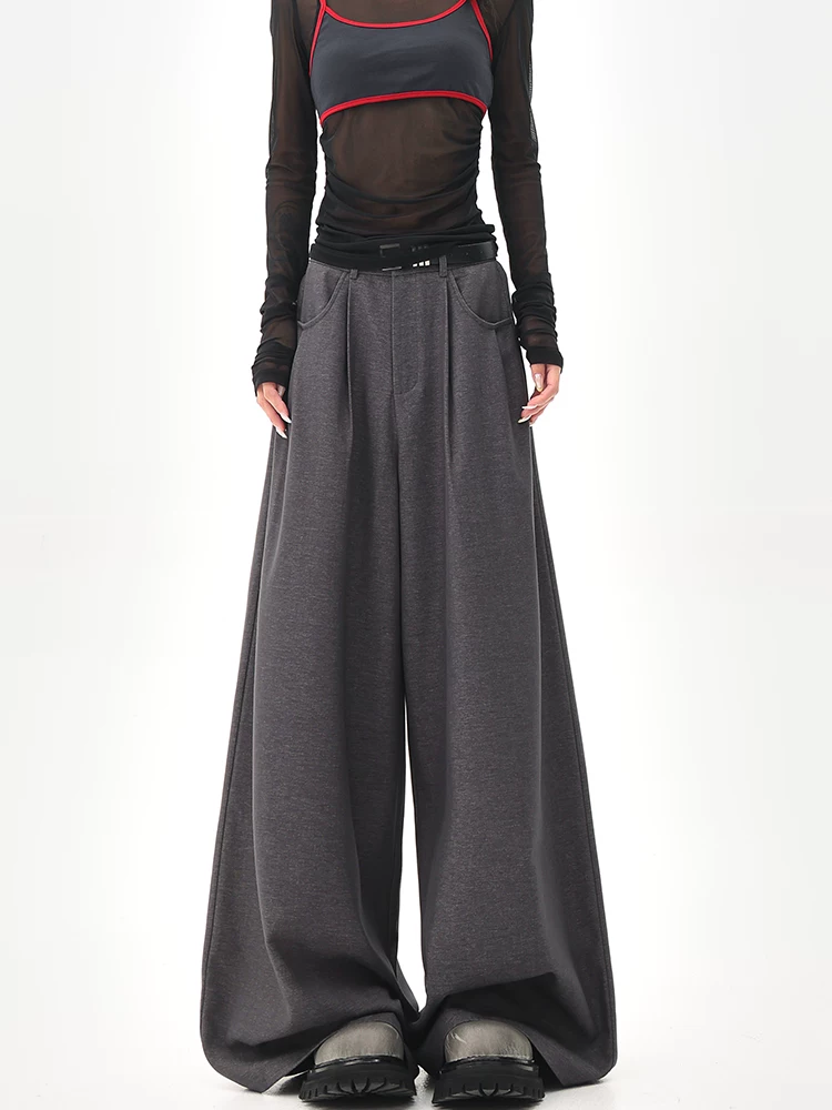 KEN STUDIO Quần tây ống rộng màu xám mùa hè mới dành cho nữ, lưng cao, dáng suôn, rộng rãi, tôn dáng, quần dài chấm đất