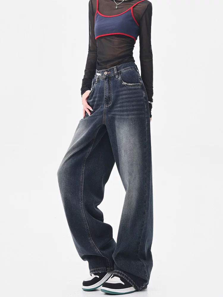 Quần jean ống rộng màu xanh đậm phong cách retro mùa hè và mùa thu của KEN STUDIO dành cho nữ, quần dài dáng rộng và tôn dáng thông thường