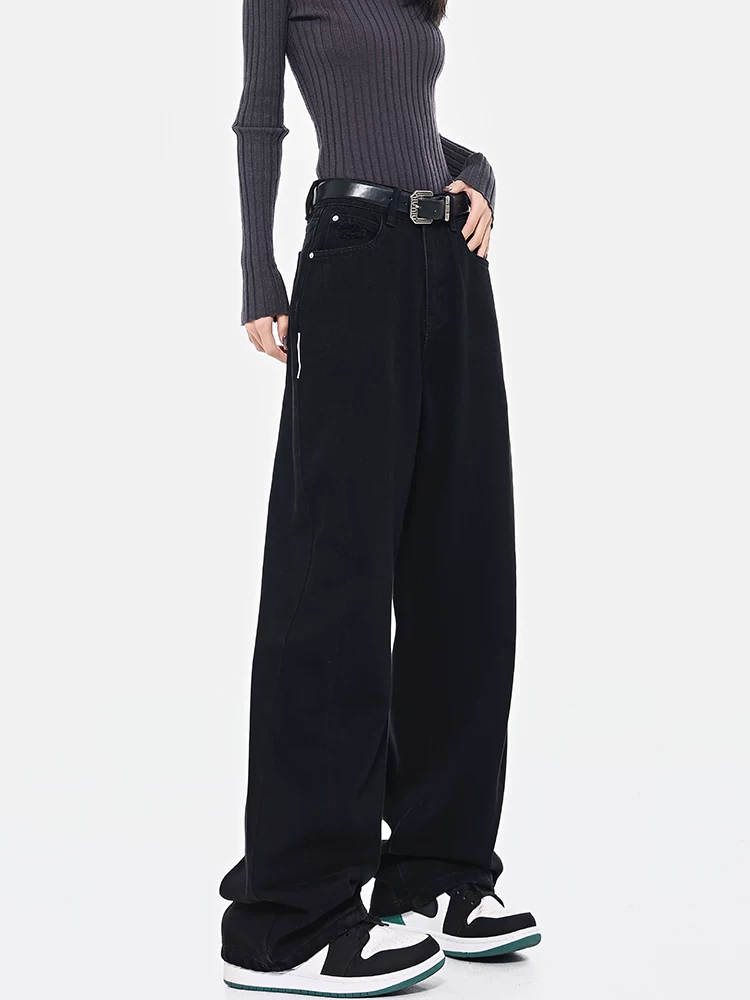 Quần jean đen KEN STUDIO dành cho nữ, quần ống rộng dáng rộng lưng cao kiểu dáng cổ điển mới mùa xuân thu.