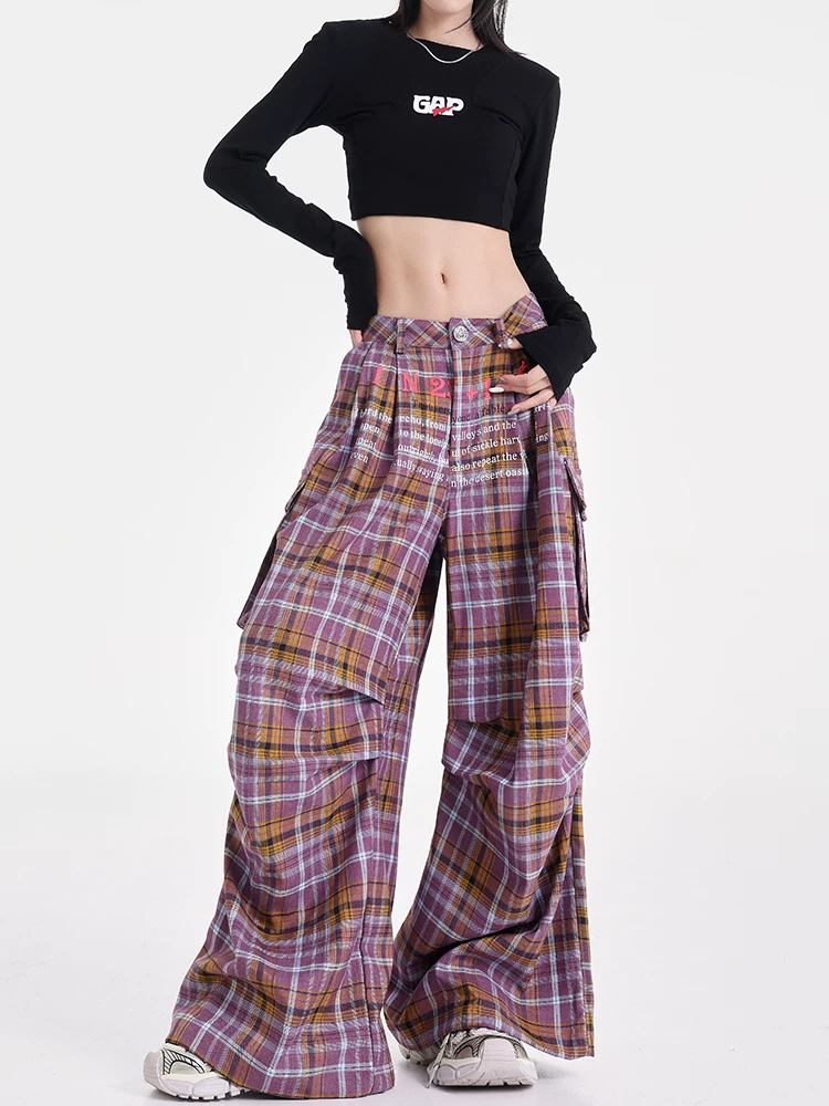 KEN STUDIO Thu Đông Mới Mỹ Retro Kẻ Sọc Quần Âu Nữ Thiết Kế Khối Màu Quần Cargo Quần Dù