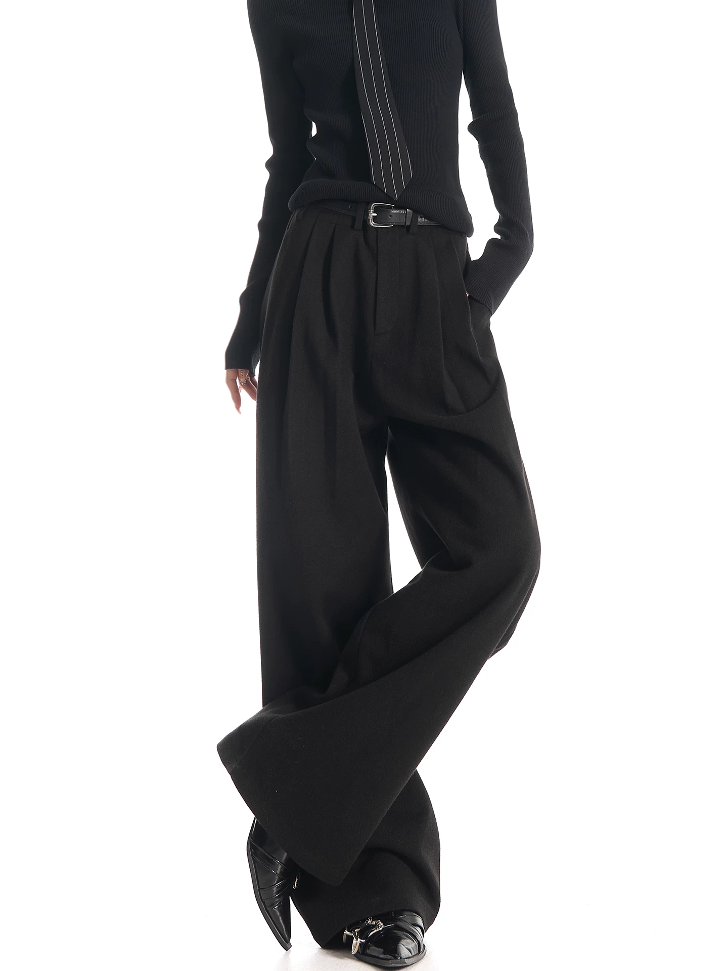 KEN STUDIO Quần tây ống rộng dày màu đen thu đông mới dành cho nữ, quần ống rộng dáng suông, quần ống rộng