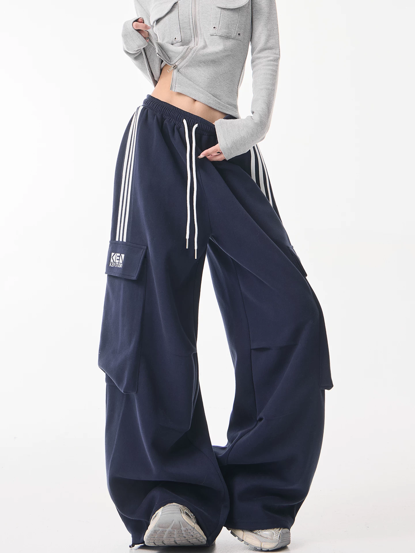 KEN STUDIO mùa thu đông mới quần cargo sọc phong cách Mỹ quần thể thao ống đứng nữ quần thể thao thường ngày quần khiêu vũ jazz