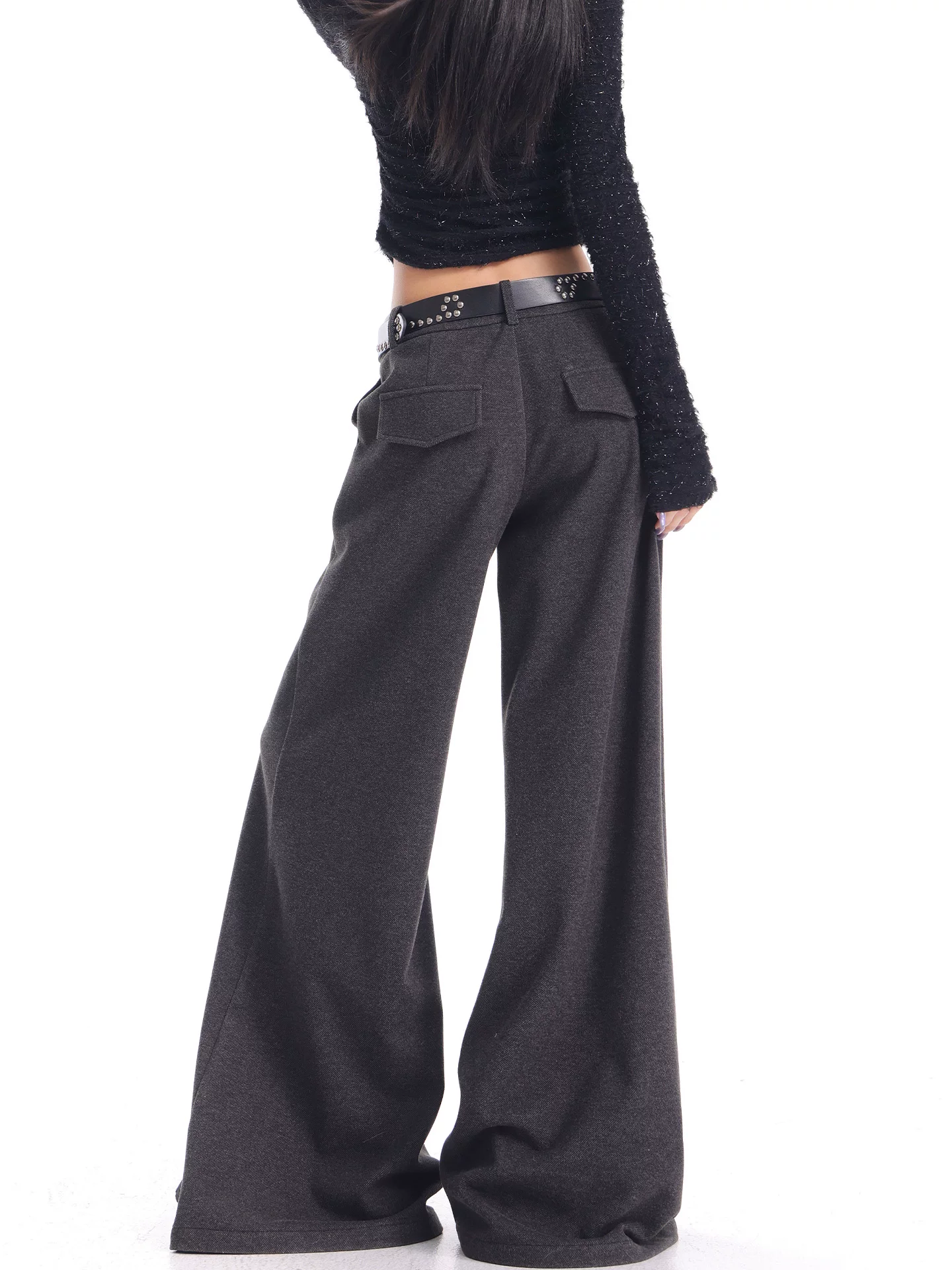 KEN STUDIO Quần âu ống loe màu xám thu đông mới dành cho nữ, chất liệu len dày, quần ống rộng, quần dài đến sàn