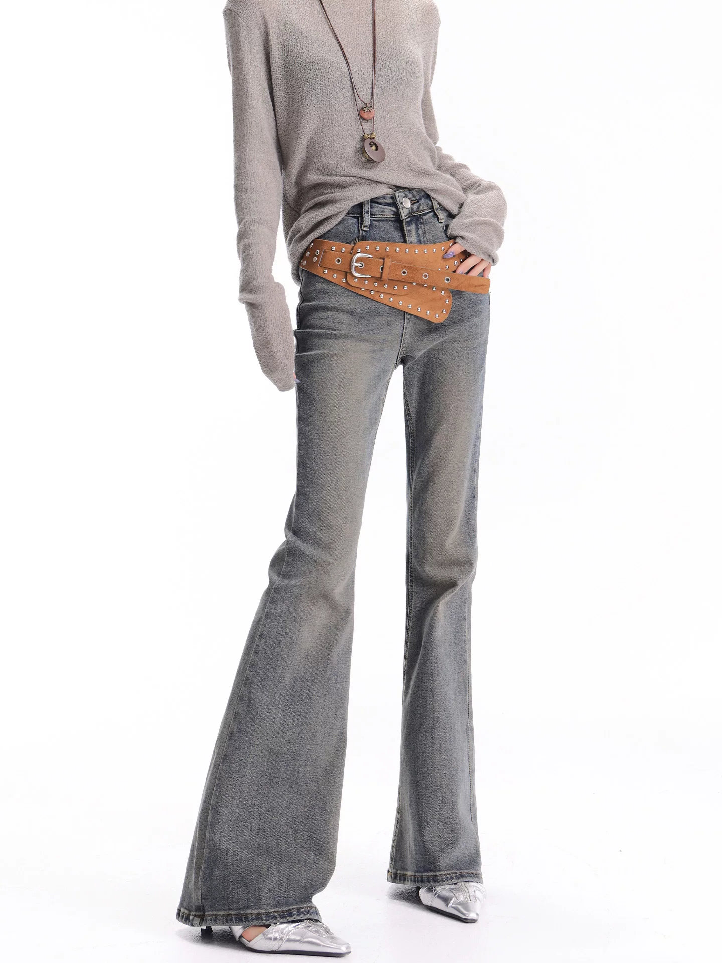 Quần jean bootcut màu xanh cổ điển thu đông của KEN STUDIO dành cho nữ, cạp cao, co giãn, ôm vừa vặn, quần kiểu móng ngựa thon gọn