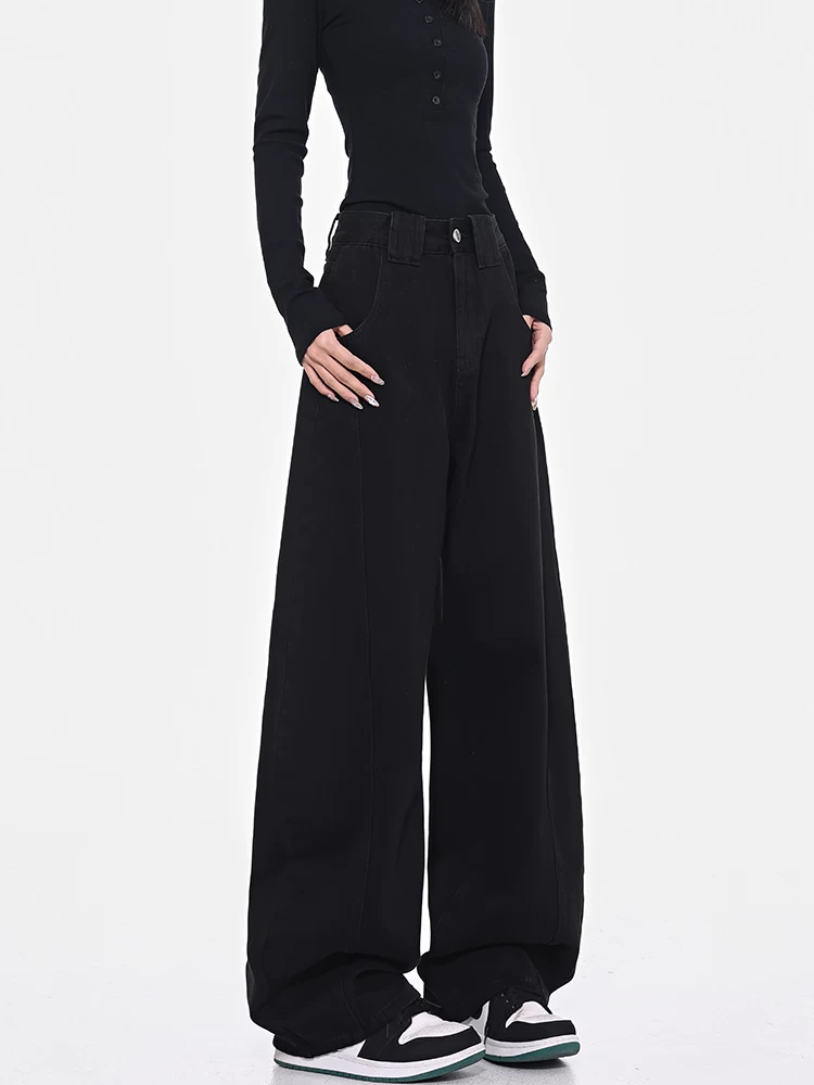 KEN STUDIO Quần kiểu retro Mỹ màu đen kiểu sickle quần chuối quần jeans nữ dáng rộng ống rộng kiểu scimitar