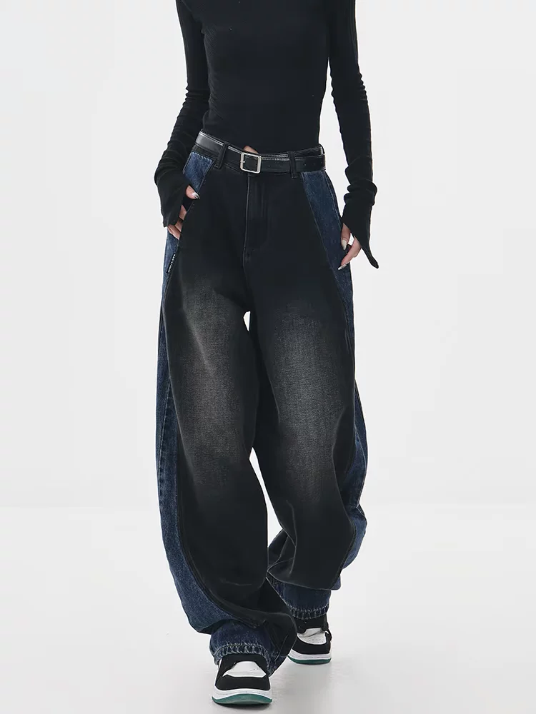 KEN STUDIO quần jean chắp vá màu sắc cổ điển mới mùa thu đông dành cho nữ, quần ống rộng cạp cao giúp thon gọn.