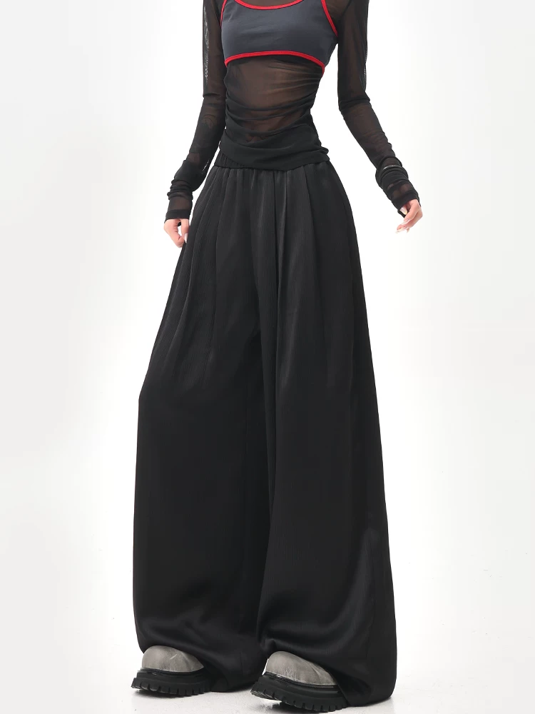 KEN STUDIO mùa hè mới quần âu ống rộng xếp ly màu đen dành cho nữ, quần cạp cao, dáng suôn, quần rộng và tôn dáng