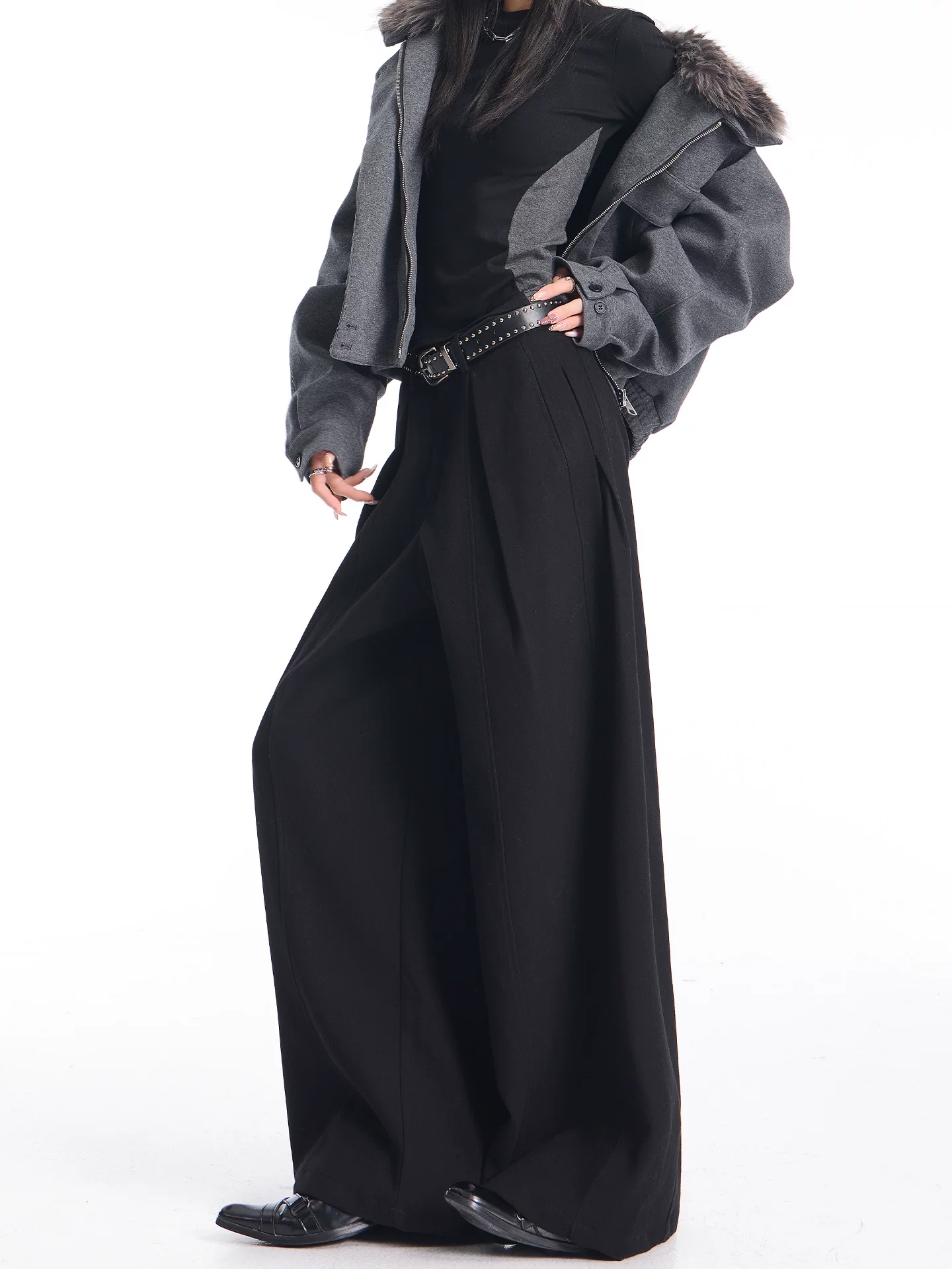 KEN STUDIO quần tây dày màu đen cổ điển mới mùa thu đông dành cho nữ, quần cạp cao, thon gọn, quần ống rộng dài chạm sàn