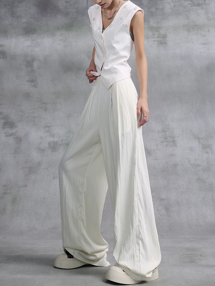 KEN STUDIO mùa hè mới quần mỏng đa năng xếp ly có họa tiết thẳng quần thường ngày dành cho nữ quần ống rộng dáng rộng