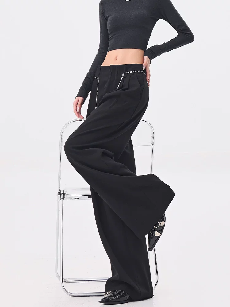 KEN STUDIO quần âu ống rộng màu đen giảm béo mùa hè và mùa thu mới dành cho nữ, quần âu xếp nếp cao cấp, quần thường ngày