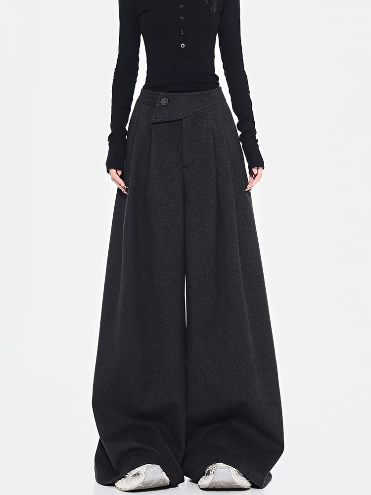 KEN STUDIO Quần dài ống rộng màu xám thu đông mới dành cho nữ, quần dài dáng rộng đa năng lưng cao