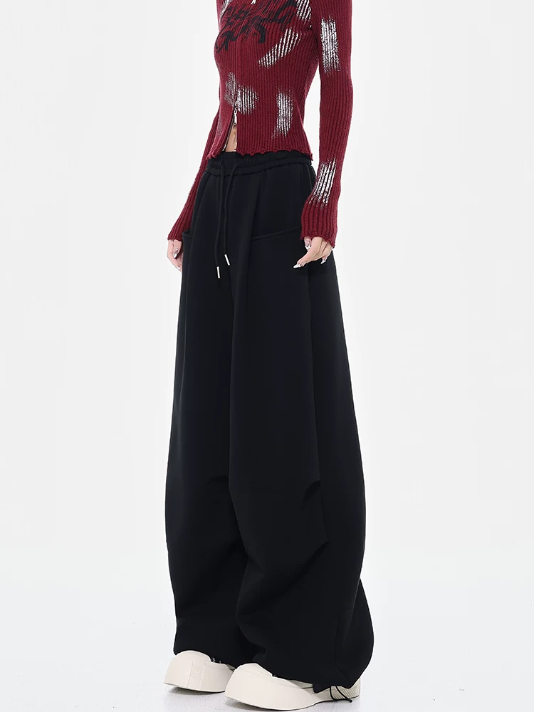 Quần lính dù màu đen thu đông của KEN STUDIO dành cho phụ nữ cao, quần ống rộng dài đến sàn, quần thể thao, quần dài