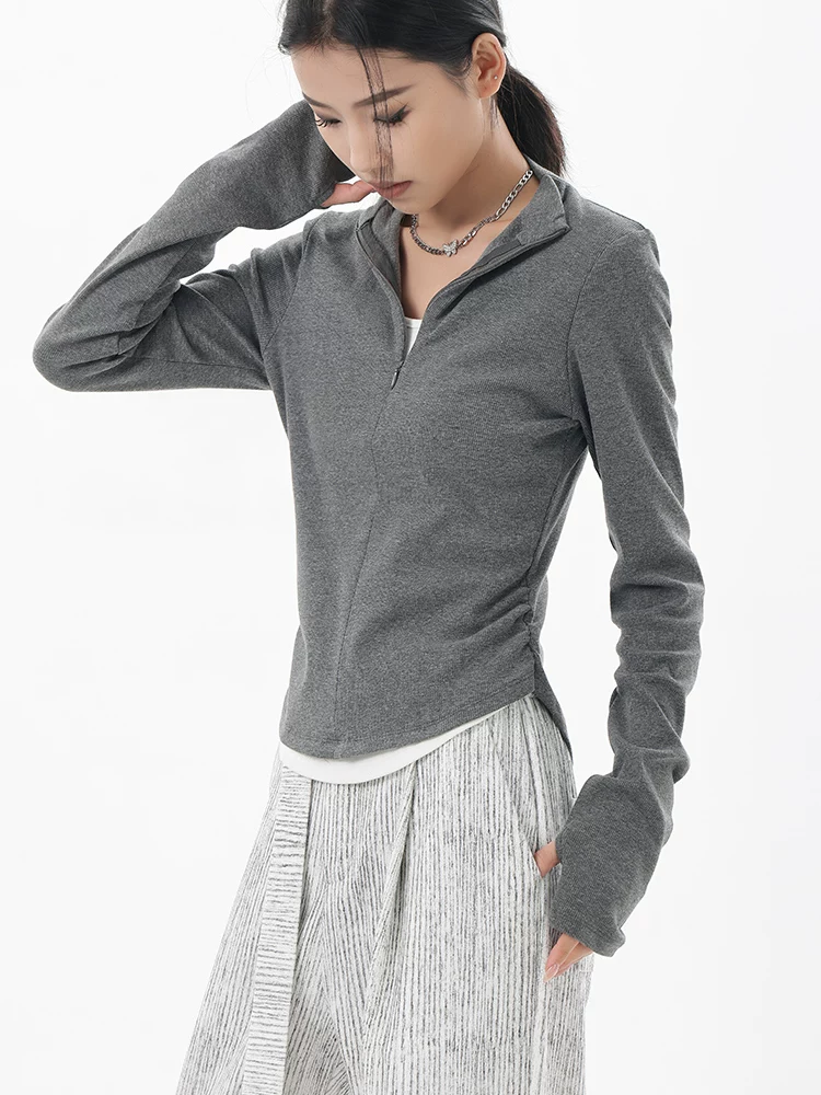 KEN STUDIO Xuân Thu Phong Cách Mới Giả Hai Mảnh Thiết Kế Độc Đáo Áo Thun Nữ Slim Fit Thể Thao Đế Áo Sơ Mi Hàng Đầu