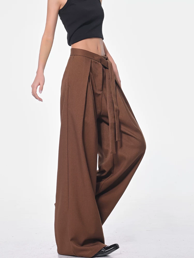 KEN STUDIO Xuân Thu Quần âu ống đứng màu cà phê mới dành cho nữ, quần ống rộng rộng rãi và bay bổng, quần dài đến sàn