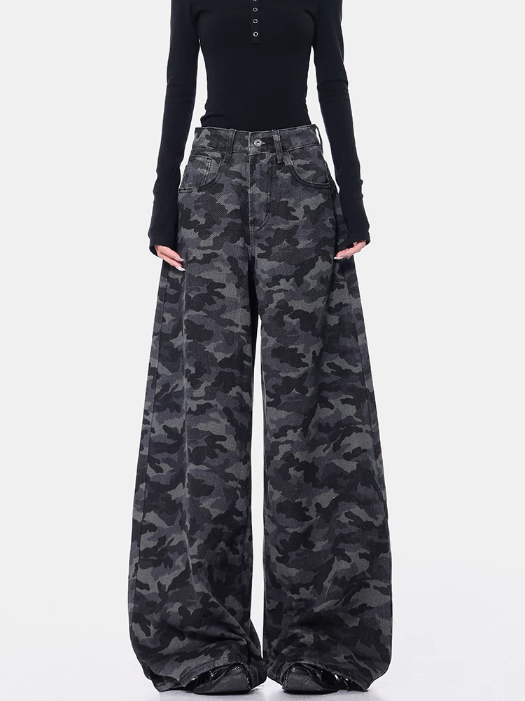 KEN STUDIO quần jean ngụy trang đường phố cao cấp mới của Mỹ dành cho nữ, quần ống thẳng, lưng cao, dáng rộng, dáng suông, quần dài đến sàn