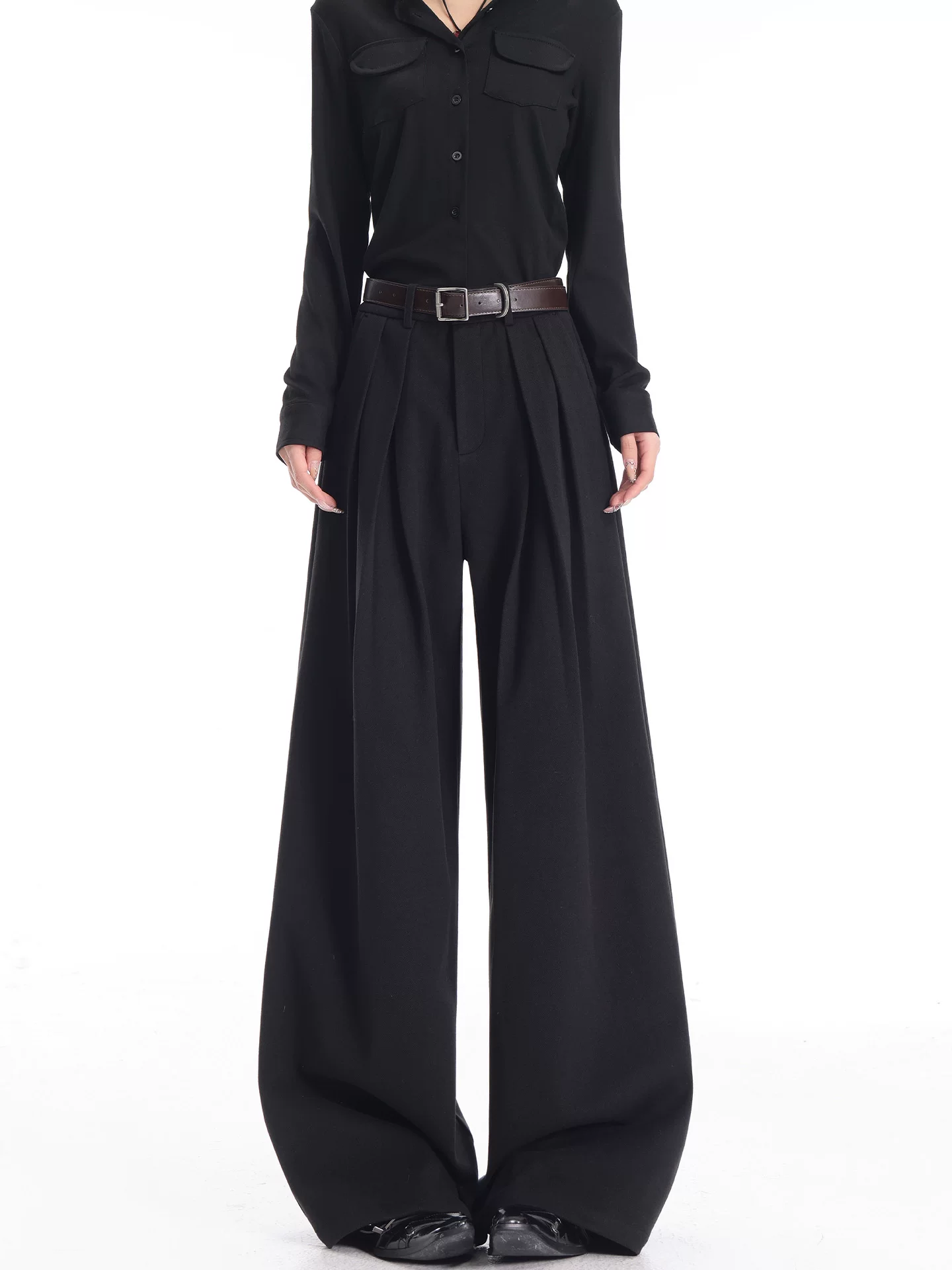 KEN STUDIO Quần tây ống rộng màu đen thu đông mới dành cho nữ, thiết kế cao cấp, dáng suôn, dáng rộng, dáng suôn, quần dài đến sàn