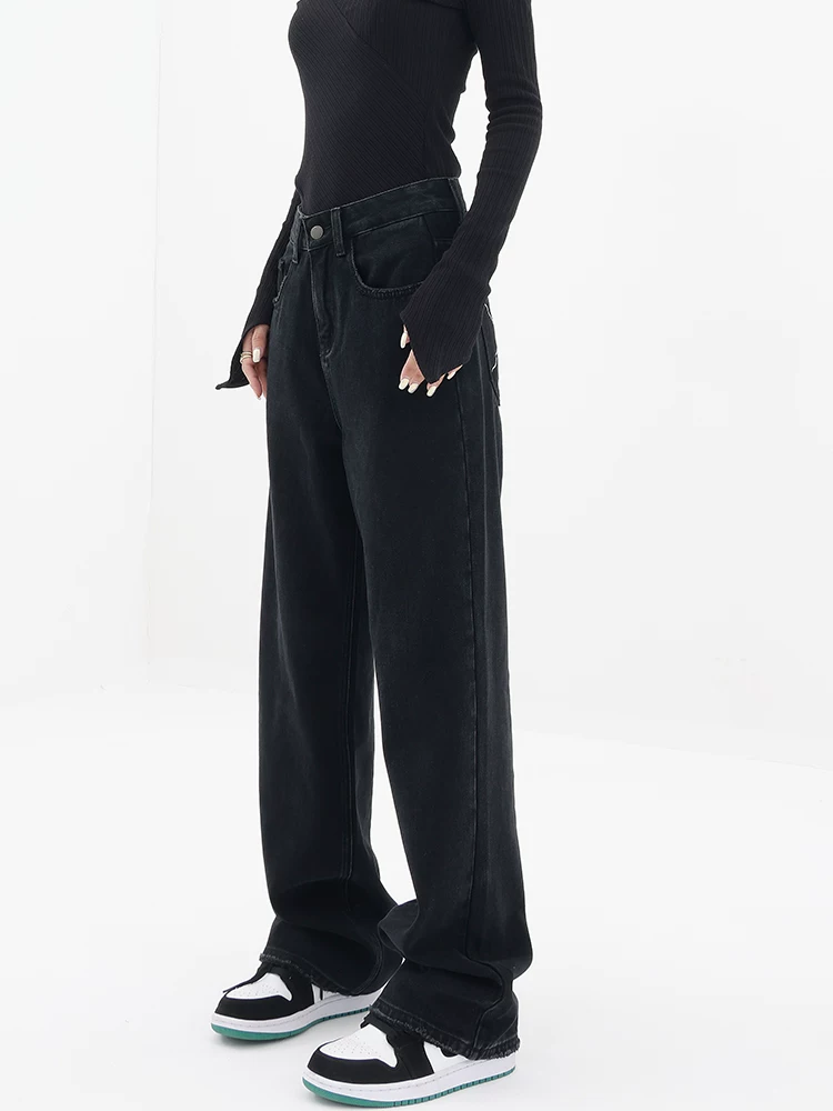 KEN STUDIO Quần jean ống rộng màu đen lót lông cừu mùa thu đông dành cho nữ, quần ống đứng cạp cao, quần dài, quần thường ngày.