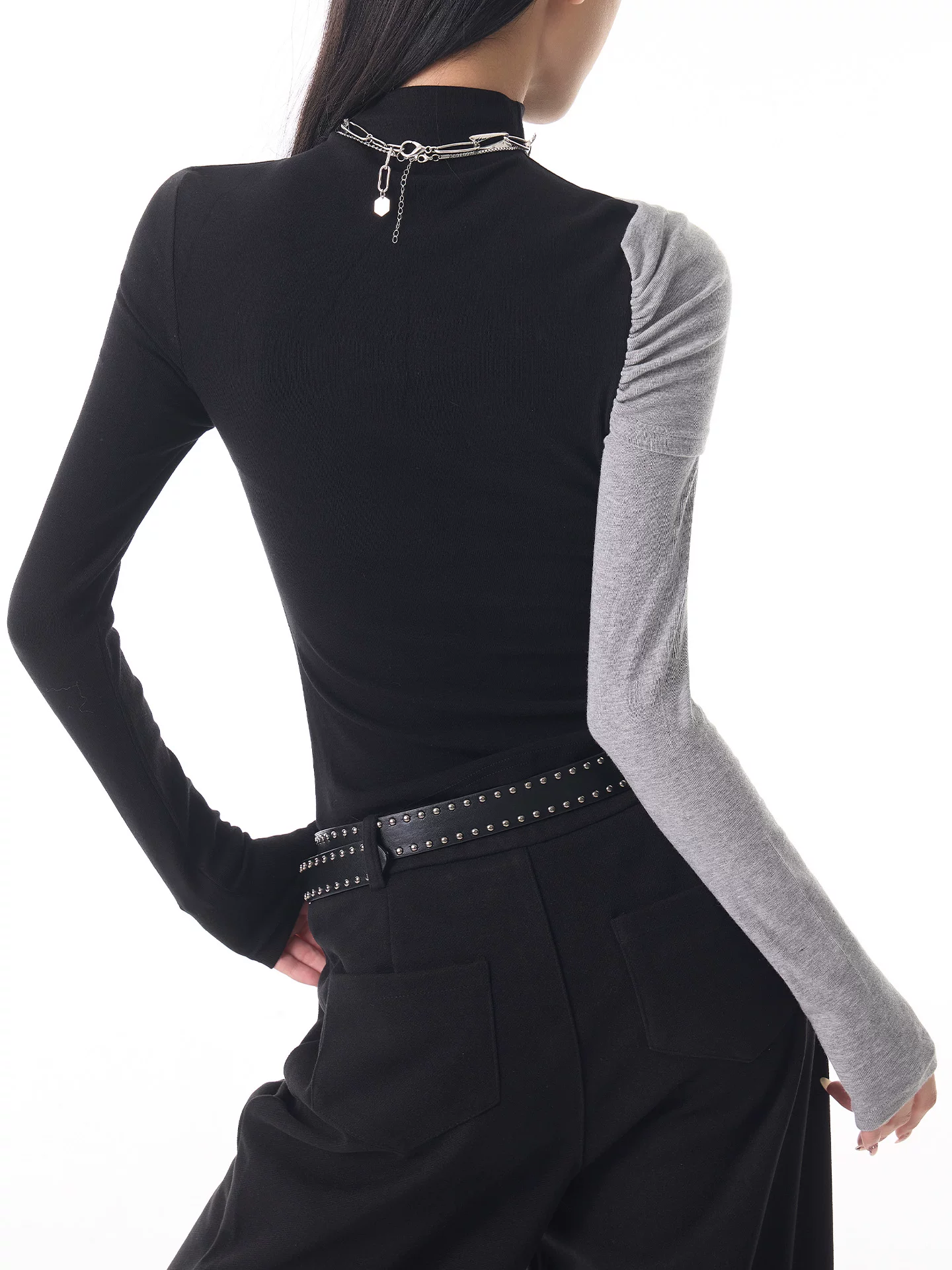 KEN STUDIO Xuân Thu Thiết kế mới Áo sơ mi cổ lọ nửa cổ màu khối dành cho nữ Áo dài tay ôm vừa vặn