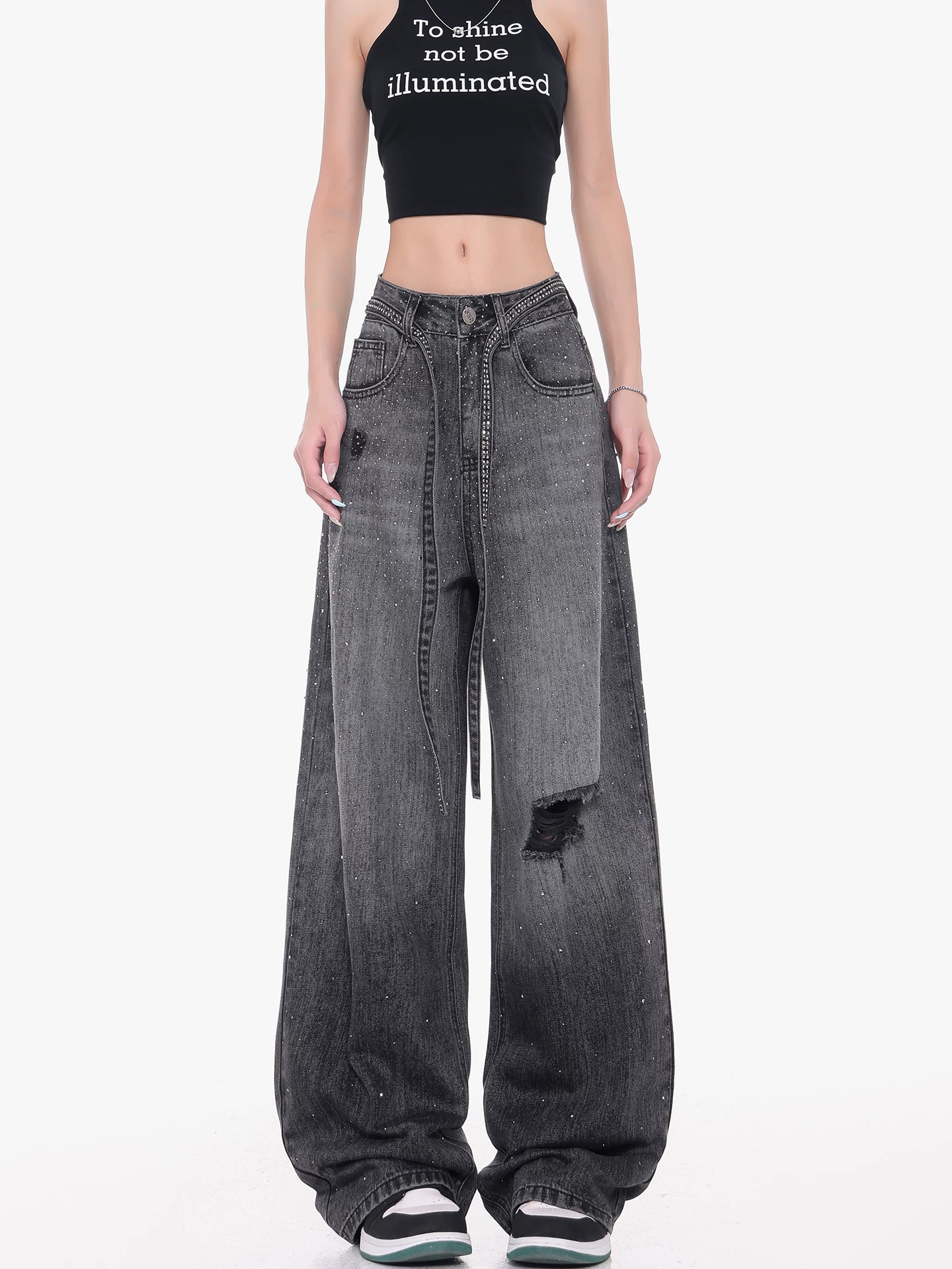 KEN STUDIO Quần jean rách đính đá cao cấp của Mỹ dành cho nữ, quần dài ống rộng lưng cao mùa hè mới