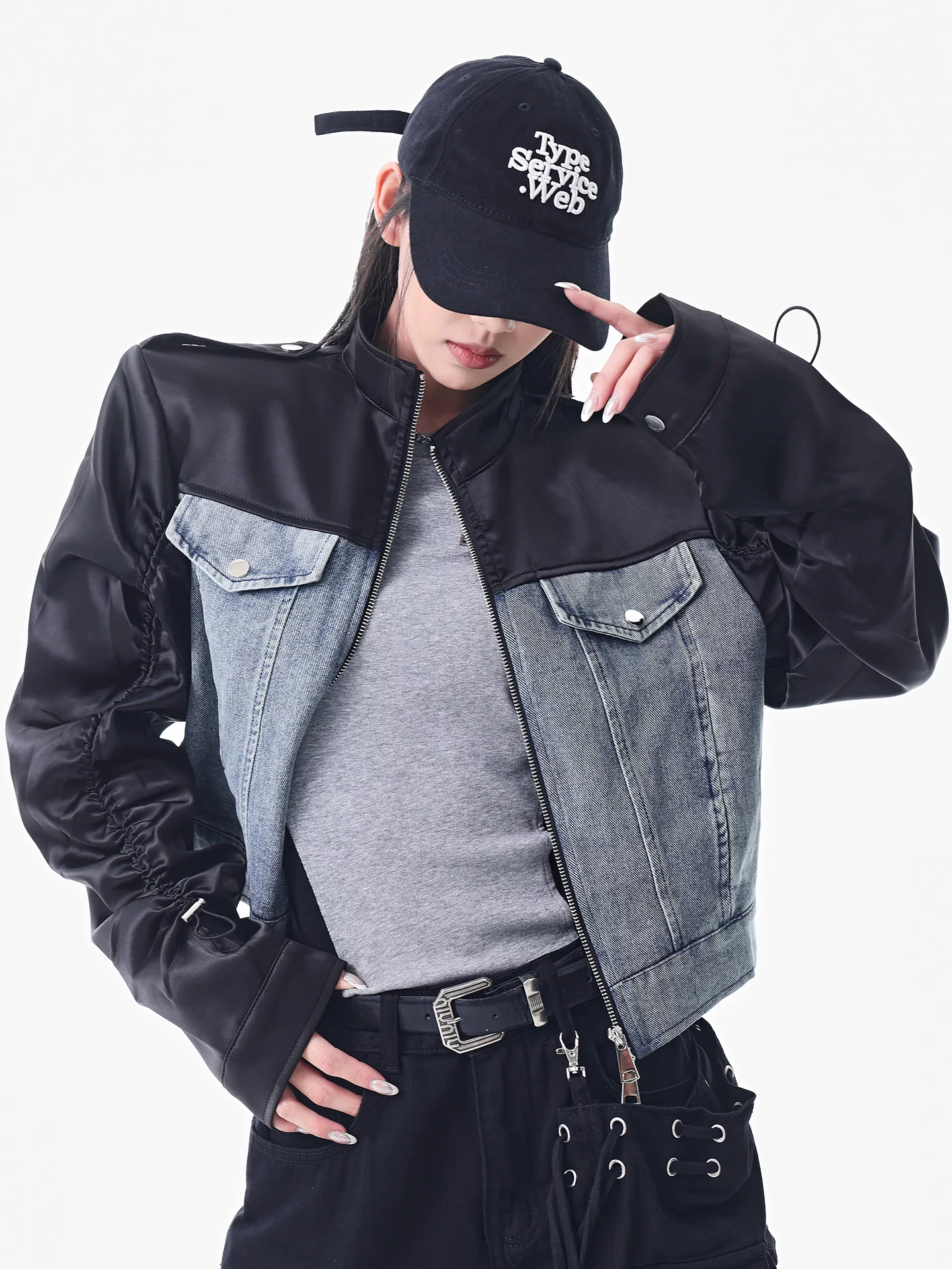 Áo khoác denim chắp vá mùa thu đông mới của KEN STUDIO dành cho nữ, áo khoác ngắn ôm dáng thời trang