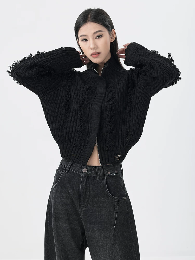 KEN STUDIO mới mùa thu đông áo len đen nữ nửa cổ cao rách áo khoác ngắn có khóa kéo áo dệt kim