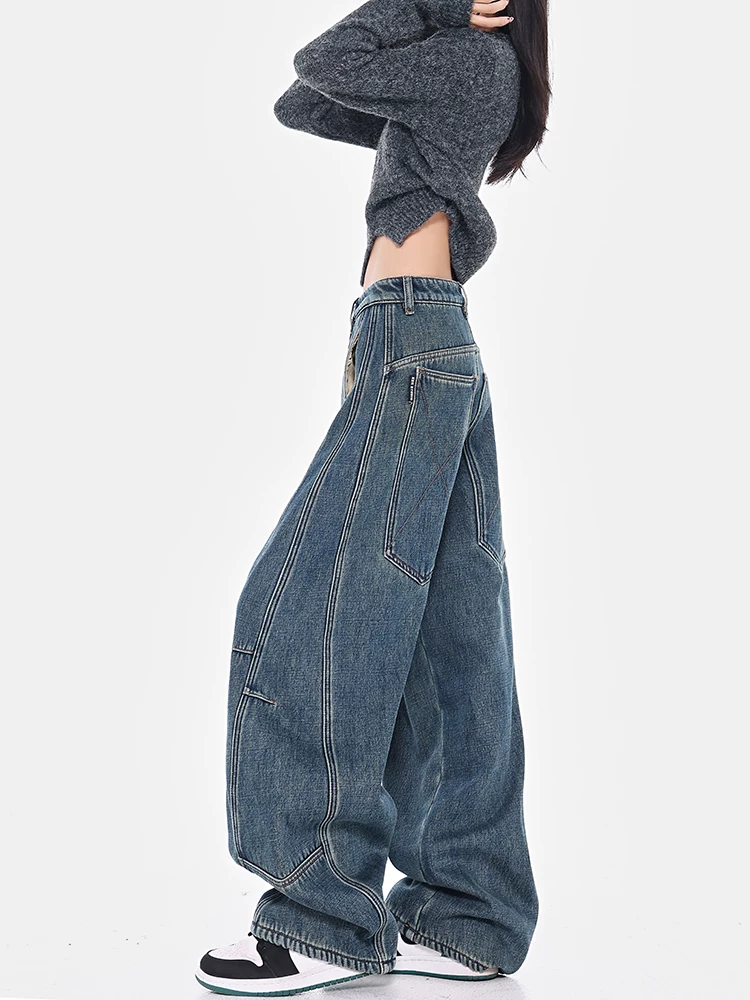 Quần jean lót lông cừu mùa thu đông của KEN STUDIO dành cho phụ nữ cao, quần ống rộng dáng rộng cực dài, quần chuối.
