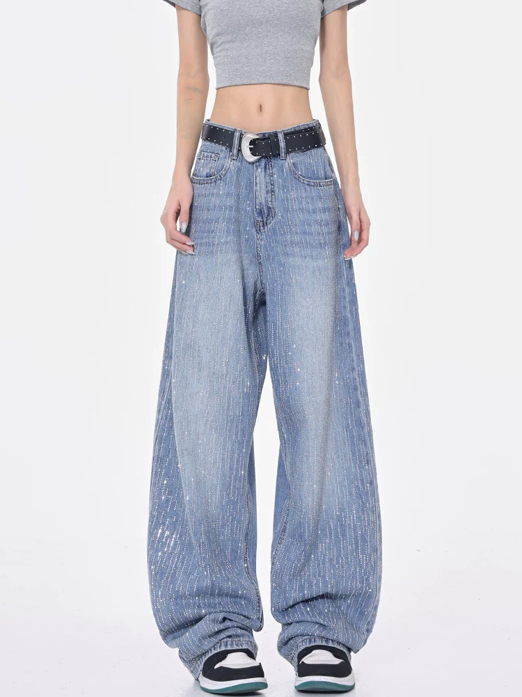 KEN STUDIO thiết kế đá nóng quần jean denim lấp lánh dành cho nữ, quần ống rộng dáng thẳng giảm béo mùa hè mới