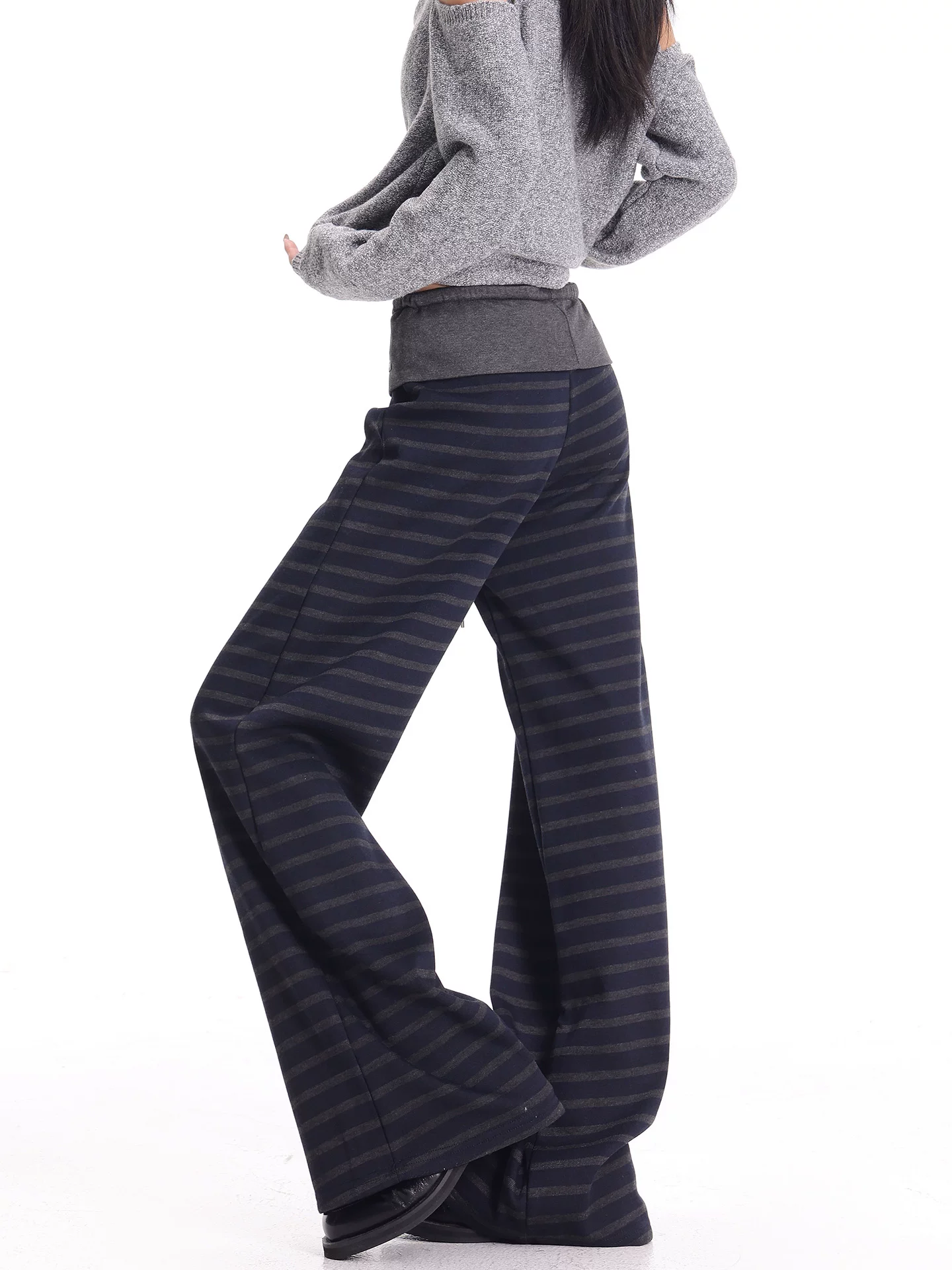 KEN STUDIO quần dài sọc giản dị phong cách thu đông mới có lót lông cừu, quần ống rộng đa năng, dáng dài, ống rộng, dài đến sàn